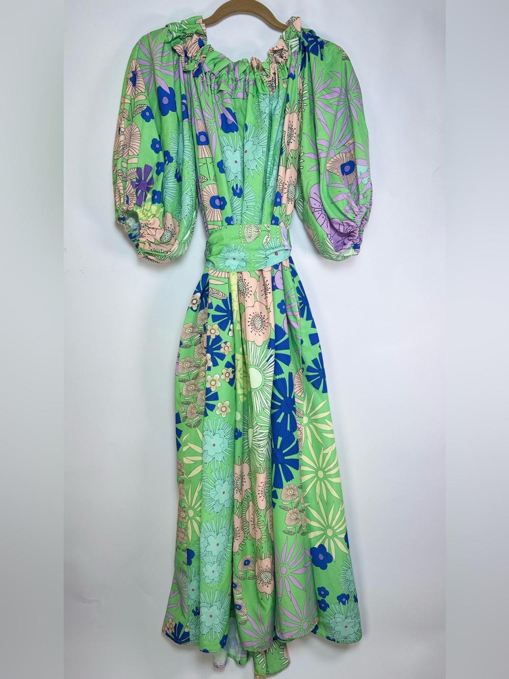 Anthropologie Oopscool Floral Puff Sleeve Off Shoulder Midi Dress Green - Picture 3 of 11
